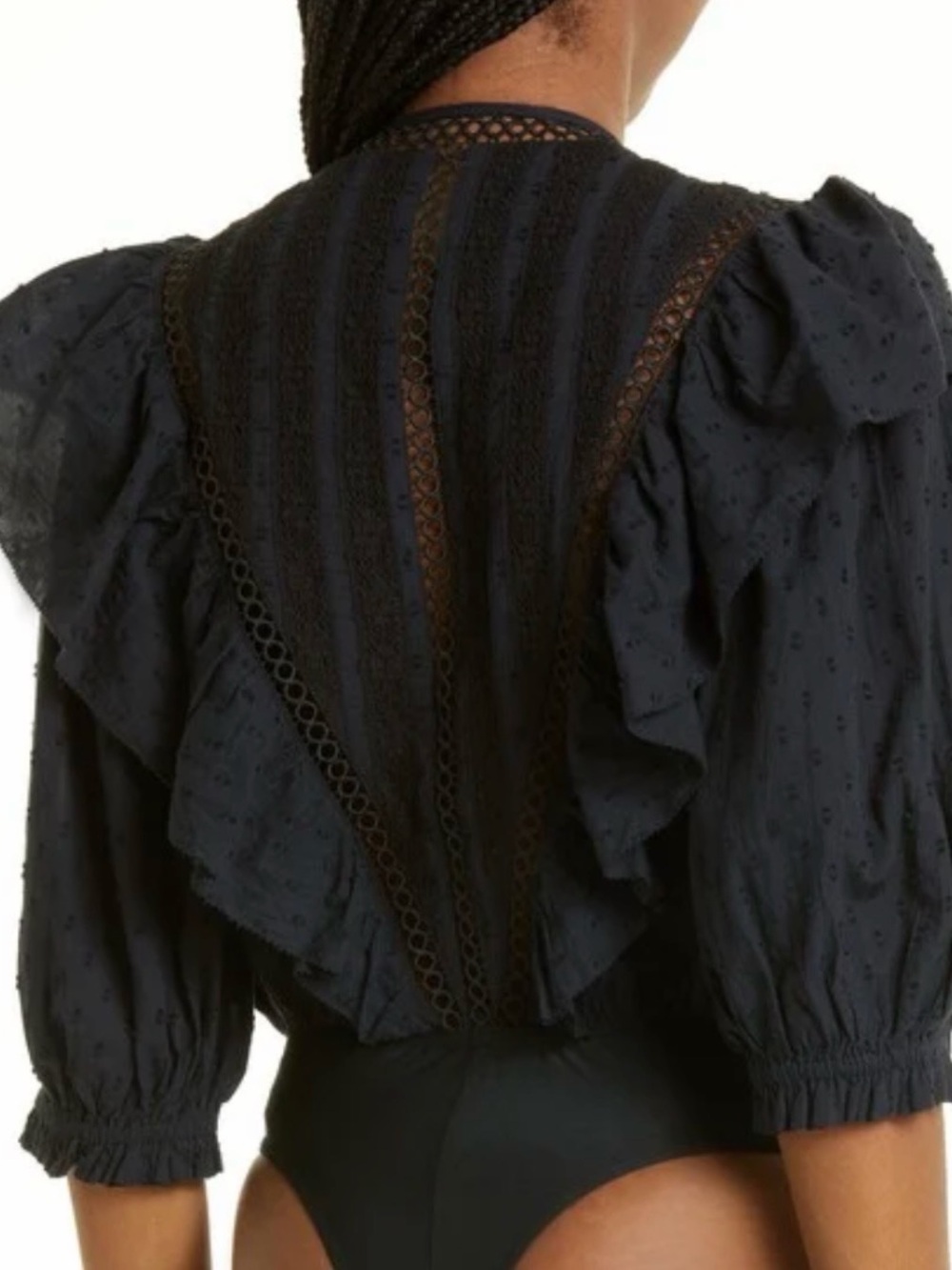 FARM Rio black Deep V Ruffled Lace-Inset Bodysuit - Picture 3 of 10